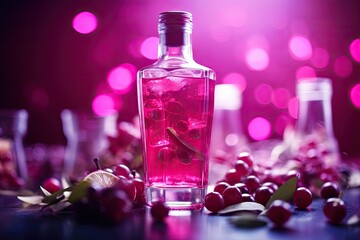  a bottle of pink liquid surrounded by cherries and leaves.  generative ai