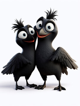 Two 3D Cartoon Crows in Love on a Solid Background