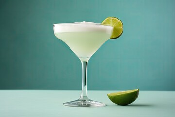  a margarita cocktail with a lime slice on the rim and a green background.  generative ai - obrazy, fototapety, plakaty