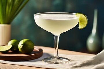  a white cocktail with a lime garnish in a glass.  generative ai