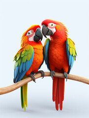 Two 3D Cartoon Macaws in Love on a Solid Background