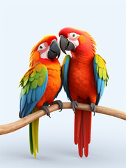 Fototapeta premium Two 3D Cartoon Macaws in Love on a Solid Background