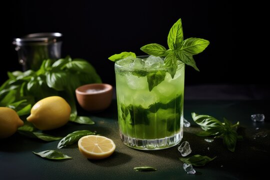  a green drink with mint and lemon on a black table.  generative ai
