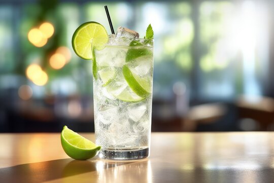  a glass of ice water with limes and a lime slice.  generative ai