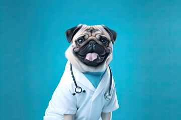Cute pug wearing doctor uniform. Purebred dog happiness. Generative AI - obrazy, fototapety, plakaty