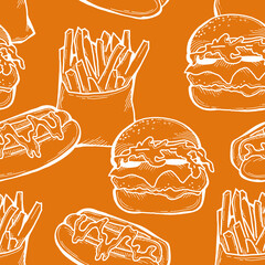 Fast food seamless vector pattern with hamburger, french fries, hot dog. Decorative design for wrapping paper, fabric print, digital background. Hand drawn doodle style cartoon illustration.