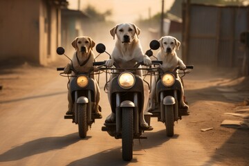 Three cute Labrador dogs ride motorcycle along the rural road in the small town.