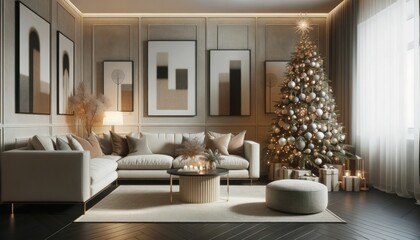 A cozy winter wonderland in the heart of the home, with twinkling lights dancing off the beautifully adorned christmas tree and plush loveseat, creating a festive and atmosphere for all to enjoy