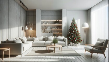 A cozy winter wonderland, with twinkling lights dancing on the walls and a majestic christmas tree standing tall, inviting you to snuggle up on the plush couch in this charming living room