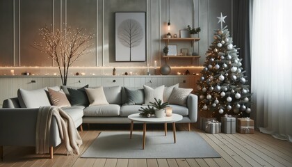 An enchanting holiday oasis, adorned with a towering christmas tree, cozy loveseat, and elegant interior design, exuding warmth and cheer from every corner of the indoor den - obrazy, fototapety, plakaty