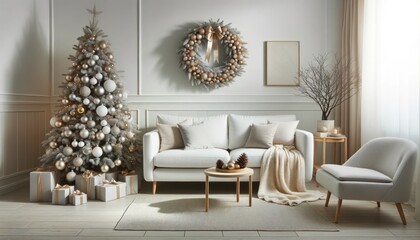 A cozy and festive living room adorned with a dazzling christmas tree, inviting couch, and charming holiday decorations against the backdrop of a stylish interior design