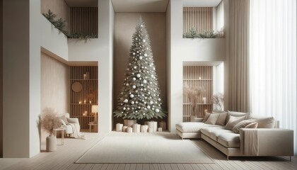 The festive christmas tree stood tall against the wall, bringing warmth and cheer to the stylishly designed room, its twinkling lights reflecting off the windows and casting a cozy glow