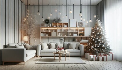 Amidst the warm glow of twinkling lights, a cozy living room comes to life with a festive christmas tree standing tall beside a plush couch, surrounded by sleek walls and gleaming floor