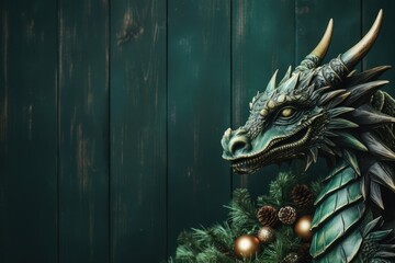 Portrait of head of green magical fantasy dragon on wooden background with copy space