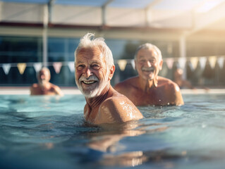 Fototapeta premium Portrait of happy senior couple relaxing in swimming pool at retirement home