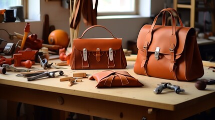 custom-made leather handbags on a tabletop.