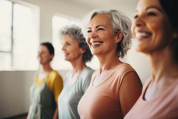 Joyful senior women bonding in fitness class.