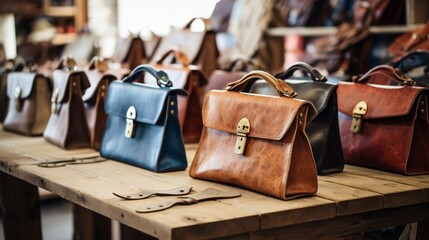 custom-made leather handbags on a tabletop. - obrazy, fototapety, plakaty