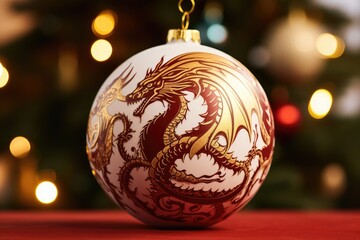 Festive Christmas tree toy ball with drawing g golden dragon close up on a background