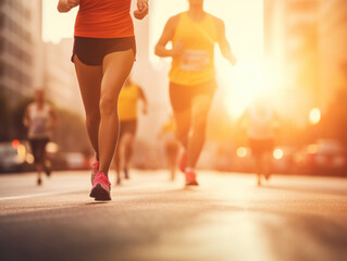 Marathon running race, people feet on city road at sunset.