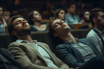 Men sleeping during an indoor event.