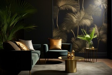 Elegant and luxurious wallpaper with palm leaf motifs in black and gold. Generative AI