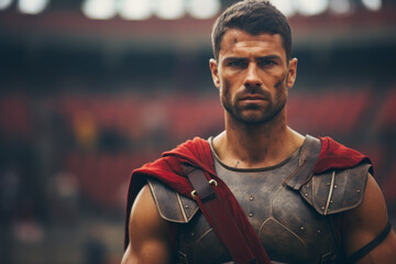 Fototapeta na wymiar Portrait of a strong gladiator in armor in the arena.