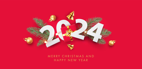 Fototapeta na wymiar Merry Christmas and Happy New Year design with realistic paper numbers 2024, gift box, golden conical Christmas tree, ball and spruce branches on red. Greeting card, poster, flyer, banner, web header
