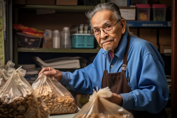 Portrait of a senior asian man selling beans in his shop