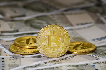 Closeup of bitcoin indian currency note