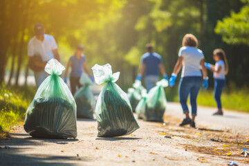 Group of volunteers collecting garbage in public park. Recycling concept