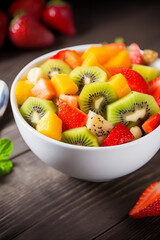 Bowl of fruit salad close up.