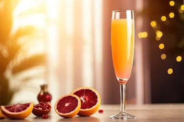 Poster Im Rahmen  a glass of orange juice next to a cut up grapefruit.  generative ai © Jevjenijs