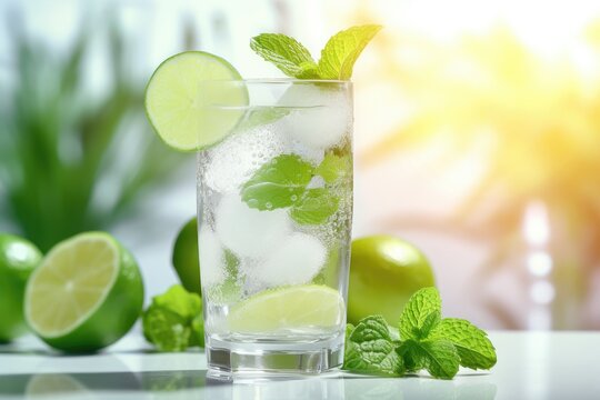  a glass of water with limes and mint on a table.  generative ai
