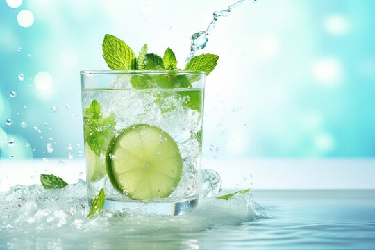  a glass of water with a lime and mint on the rim.  generative ai