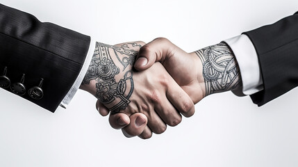Tattoo Handshake two businessmen signifies successful agreement White Background. Generative AI