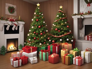 Fototapeta na wymiar Realistic Render Of White Pine With Decorati christmes tree and gift generative ai 