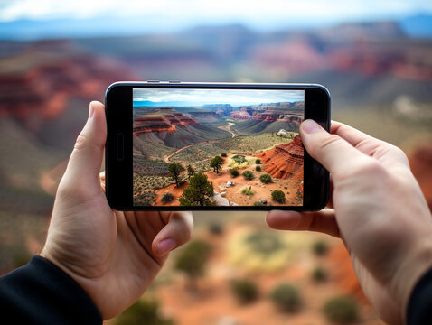 Capturing Nature's Majesty: Hand Holding Smartphone with Camera App, Blurry Bluffs, Ocean, River, Mountain Cliff, and Forest Edge