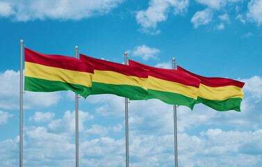 Bolivia four flags in row, multiple flags in line