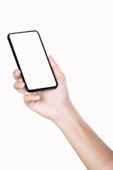 Blank screen smartphone in hand isolated on white background with clipping path