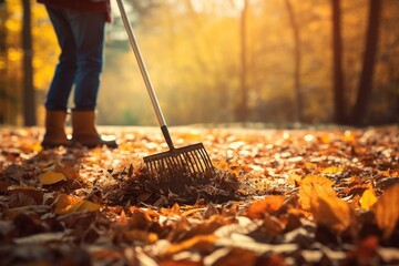 sweeper with a rake collecting leaves in autumn - obrazy, fototapety, plakaty