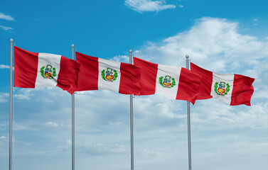 Peru four flags in row, multiple flags in line