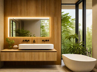 Develop a modern and eco-friendly bathroom concept with sustainable materials and energy-efficient fixtures, prioritizing water conservation and a harmonious color scheme