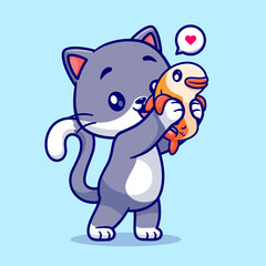 Obraz na płótnie Canvas Cute Cat Holding Fish Cartoon Vector Icon Illustration. Animal Nature Icon Concept Isolated Premium Vector. Flat Cartoon Style