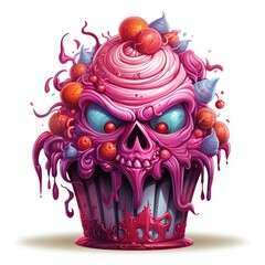 Obraz premium evil pink cupcake for Halloween or holiday, sweet cake close-up.