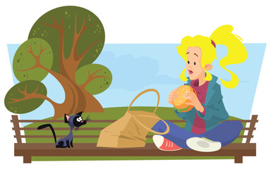 Girl with hamburger. Illustration for internet and mobile website.
