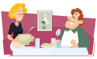 Woman and man are having dinner. Illustration for internet and mobile website.