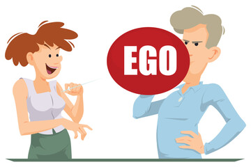 Woman pierce balloon with needle. Illustration for internet and mobile website.