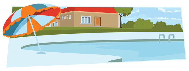 Swimming pool near house. Illustration for internet and mobile website.