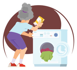 Girl near washing machine. Illustration for internet and mobile website.